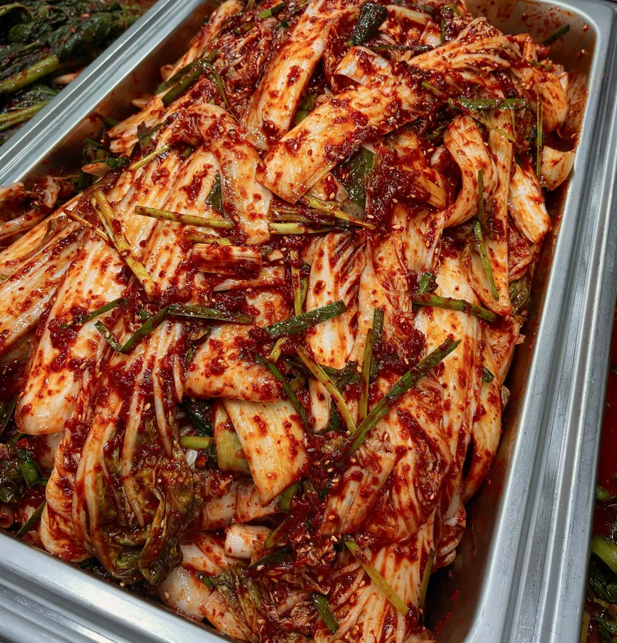 고향맛깔김치 나물의 스테인리스 통에 배추김치가 가득 담겨 있다. 붉은 양념이 배춧잎 사이사이에 발려 있다.