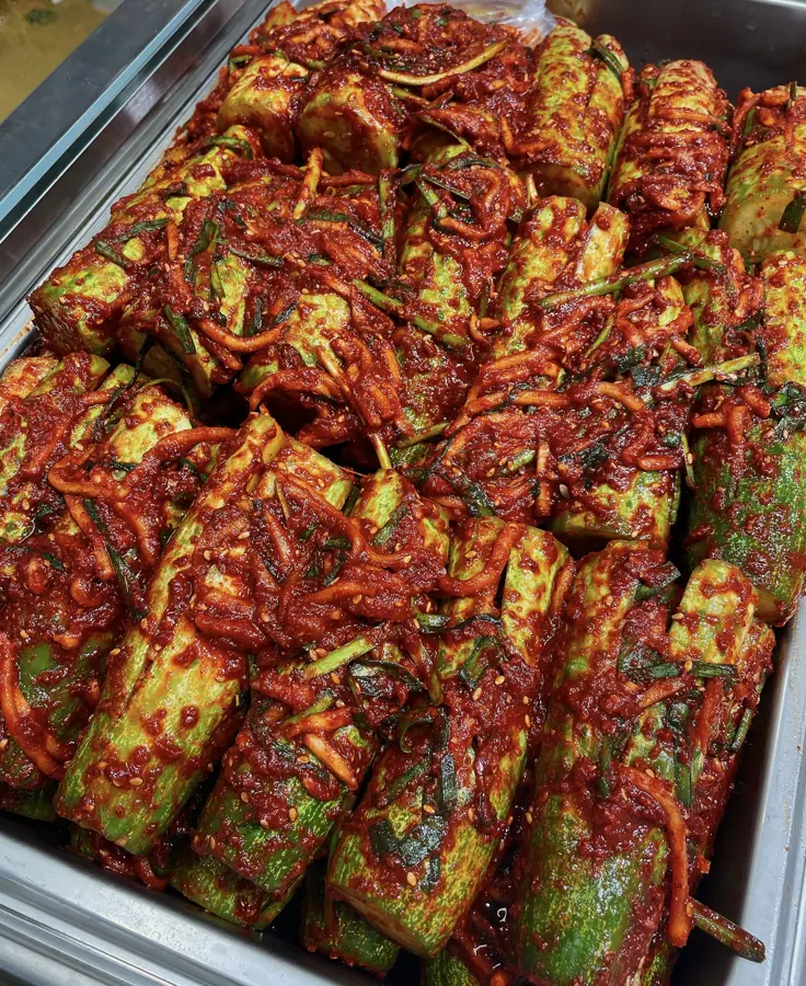같은 가게의 오이소박이가 통에 나란히 담겨 있다. 오이에 칼집을 내고 속을 채워 넣은 모양이다.