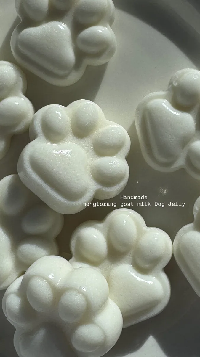 발바닥 모양으로 굳힌 흰 젤리 여러 개가 놓여 있다. 「Handmade mongtorang goat milk Dog Jelly」라고 인쇄돼 있다.